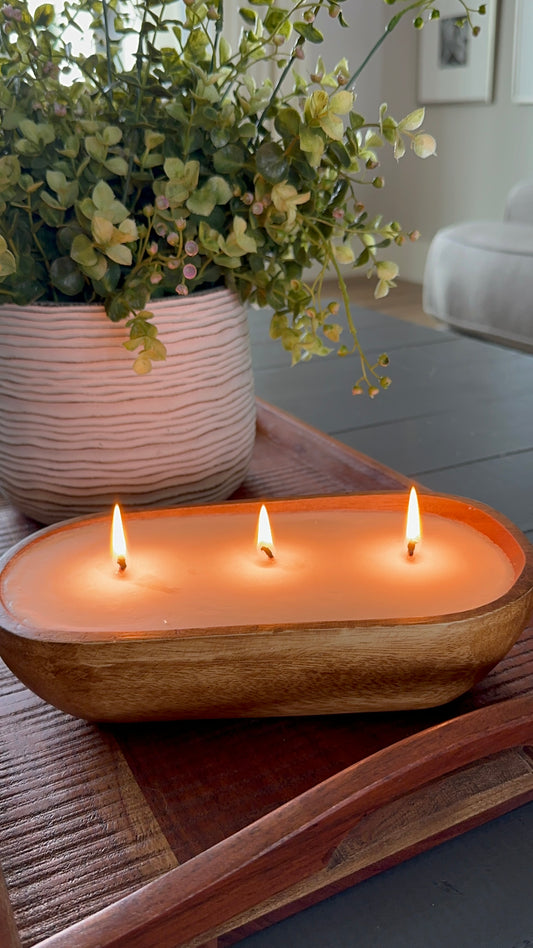 Three Wick Boho Wood Bowl Candle