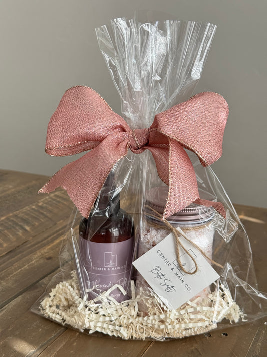 Room Spray air freshener and epsom bath salt gift wrapped in a gift bag